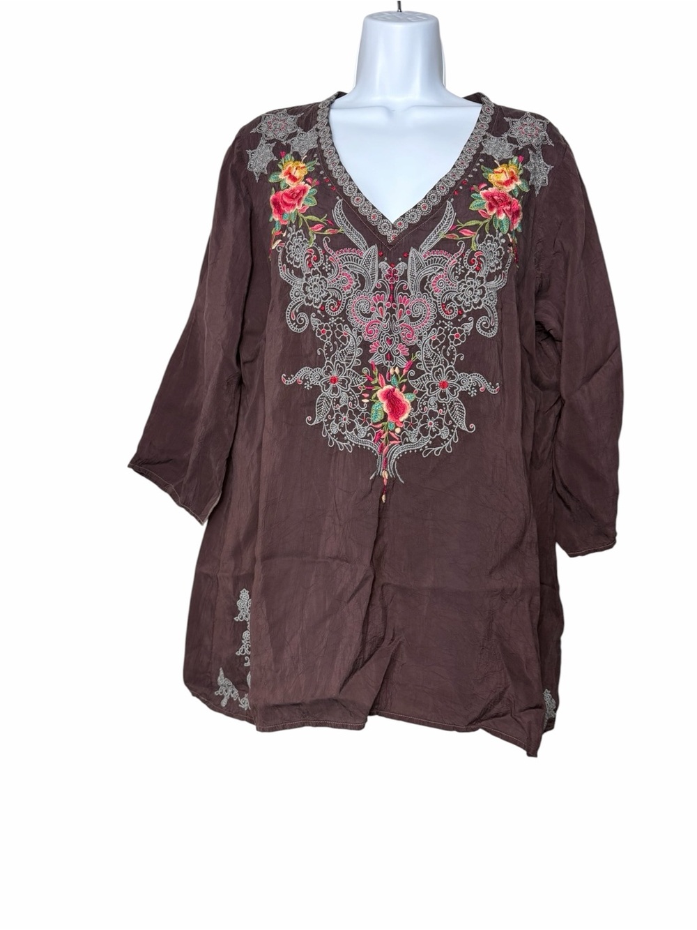Johnny Was Brown V-Neck Embroidered Floral Tunic